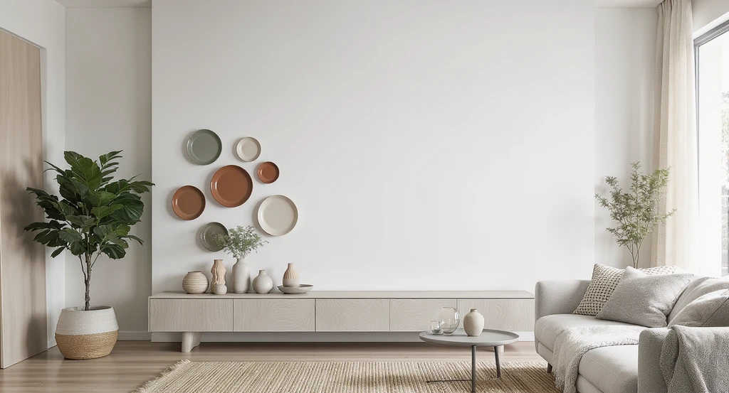 Realistic living room hero image showing large blank wall decorated with layered ceramic plates, textiles, and sculptural shelving for unique wall plate decor ideas and creative alternatives to traditional wall art at home.