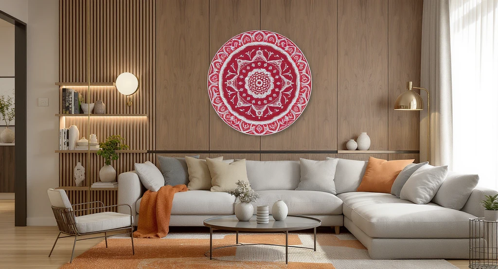 Modern living room with a blank wall decorated using a large Kalamkari wall plate, fluted panels, textile art, layered lighting, and floating shelves for unique wall decor ideas and how to style empty spaces in minimalist rooms.