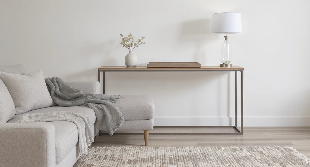 Photorealistic living room with a slim open-frame console table, matching the sofa height, neatly filling the gap behind the sofa. Shows how to fill space behind sofa with ai for correct proportions and balanced layout using ai tools for visualizing living room layouts.