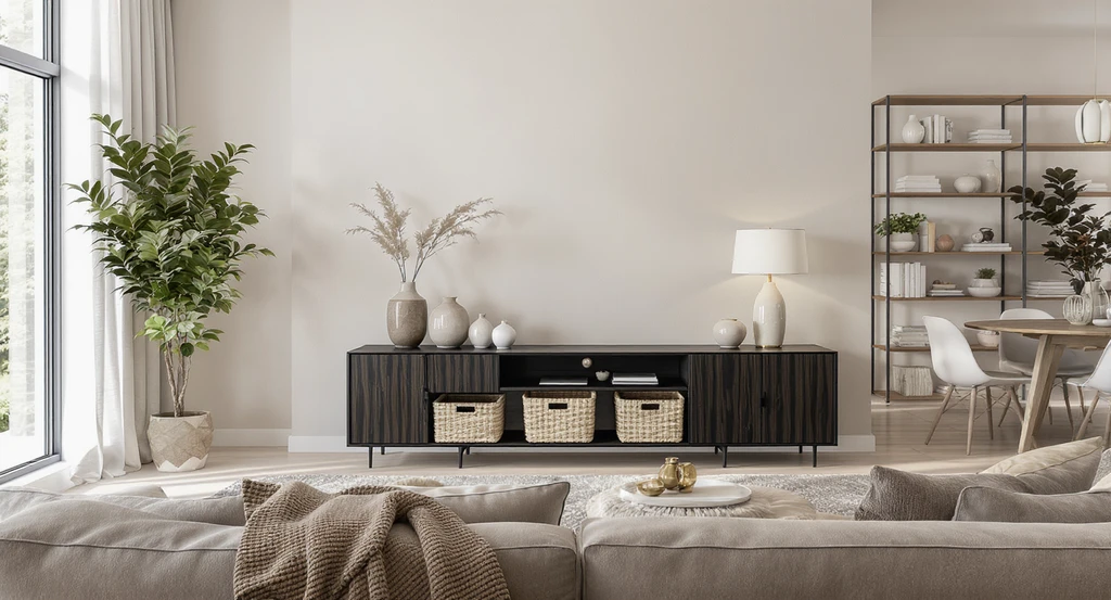 Living room layout featuring a console table and decorative storage filling the gap behind a sofa, visualized using ai tools for room zoning and small apartment design solutions.