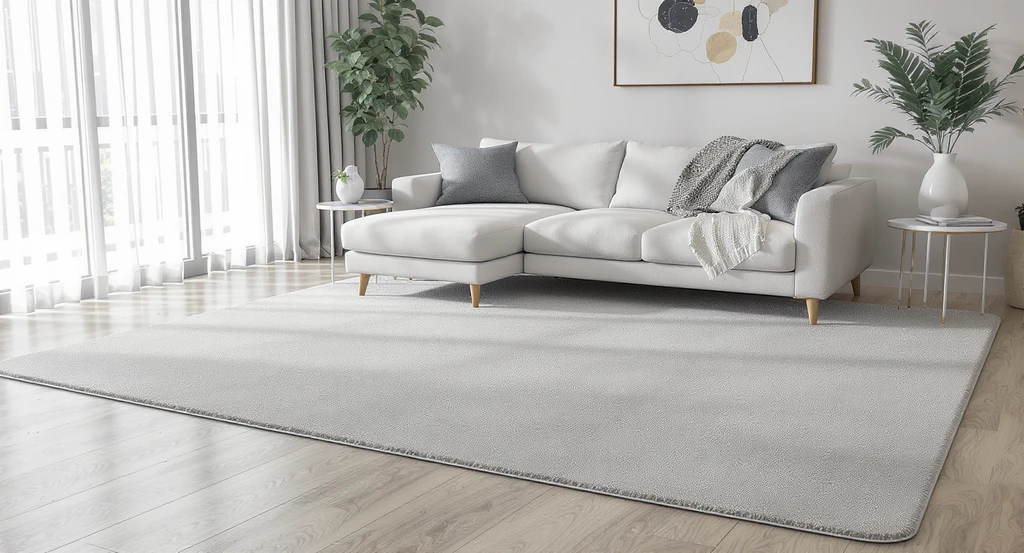 Modern living room layout showing a sofa with its front legs on a large area rug that extends past the sofa’s edges, a key ai tool for visualizing living room layouts and using ai for room zoning solutions.