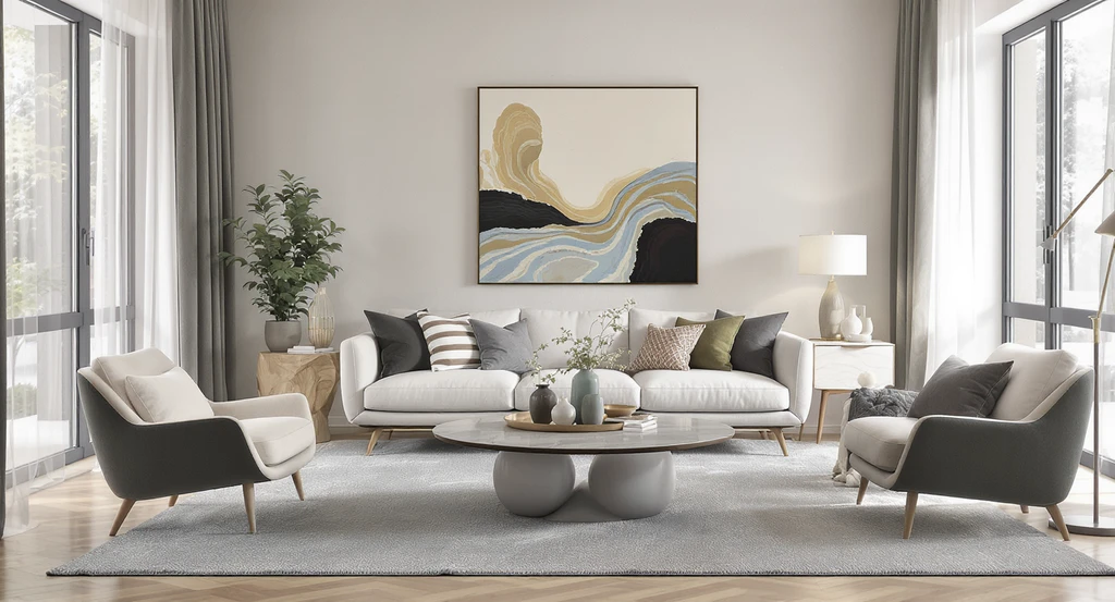 Photorealistic living room with a visible gap behind a sofa against an off-white wall, perfect for using AI tools to optimize living room layouts and visualize room zoning solutions.