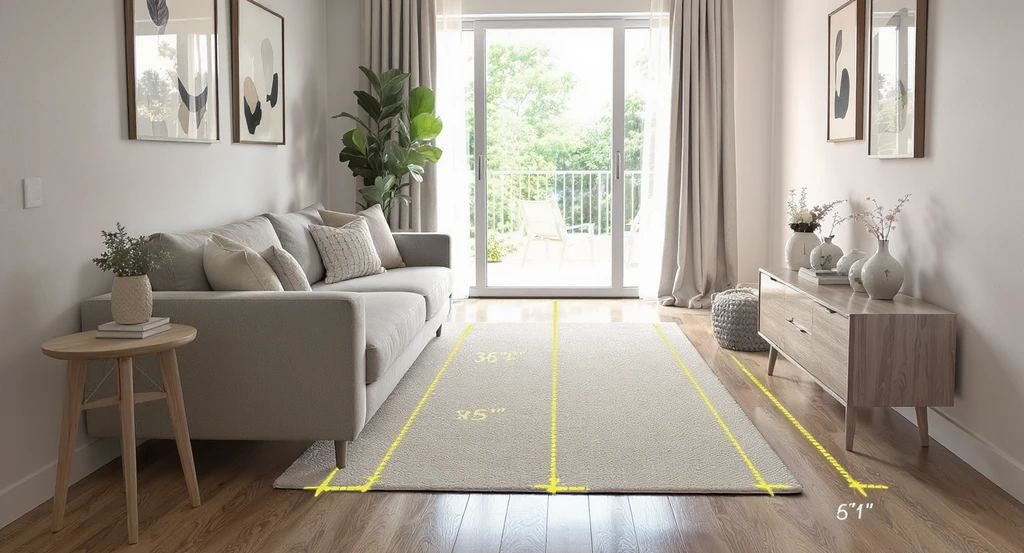 Photorealistic living room showing 36-inch clear gap between sofa and wall for optimal traffic flow, using ai tools for visualizing living room layouts and room zoning solutions.
