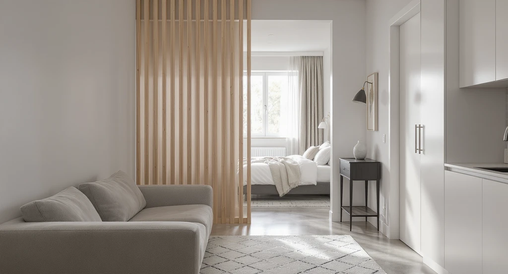 Bachelor pad layout optimized using ai solutions for studio apartment zoning, showing entry sightline blocked by a sofa and divider for privacy.