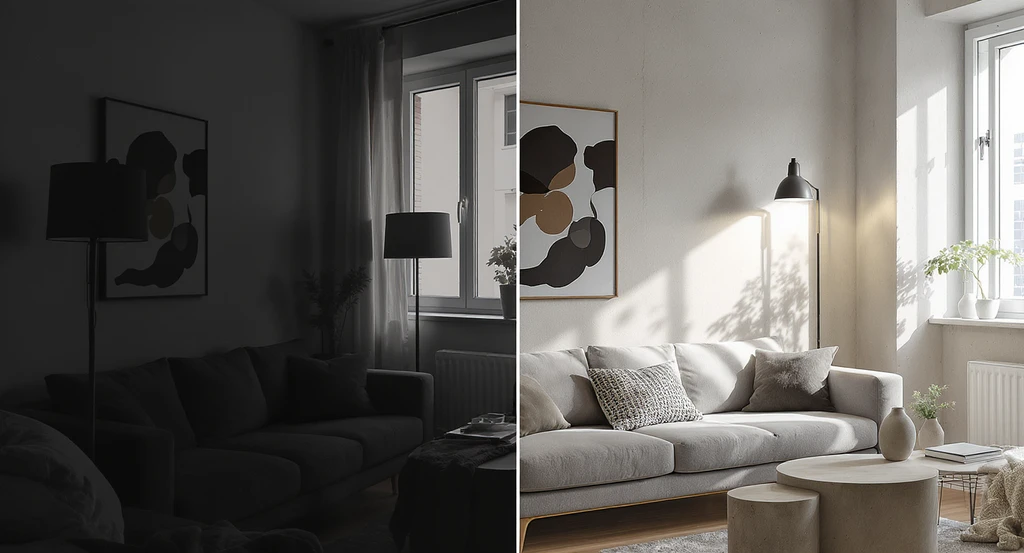 Modern bachelor pad with standing lamp blocking window and art, contrasted by wall-mounted adjustable lamp, optimized with best AI interior design tools.