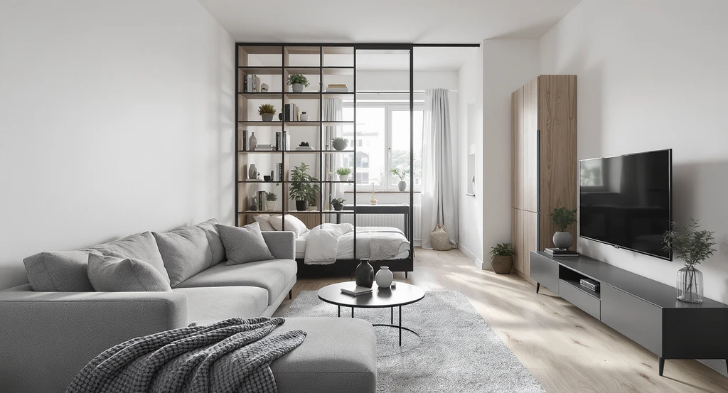 Modern bachelor pad layout optimized with AI tools, showing efficient room flow, smart studio apartment zoning, and organized living areas.