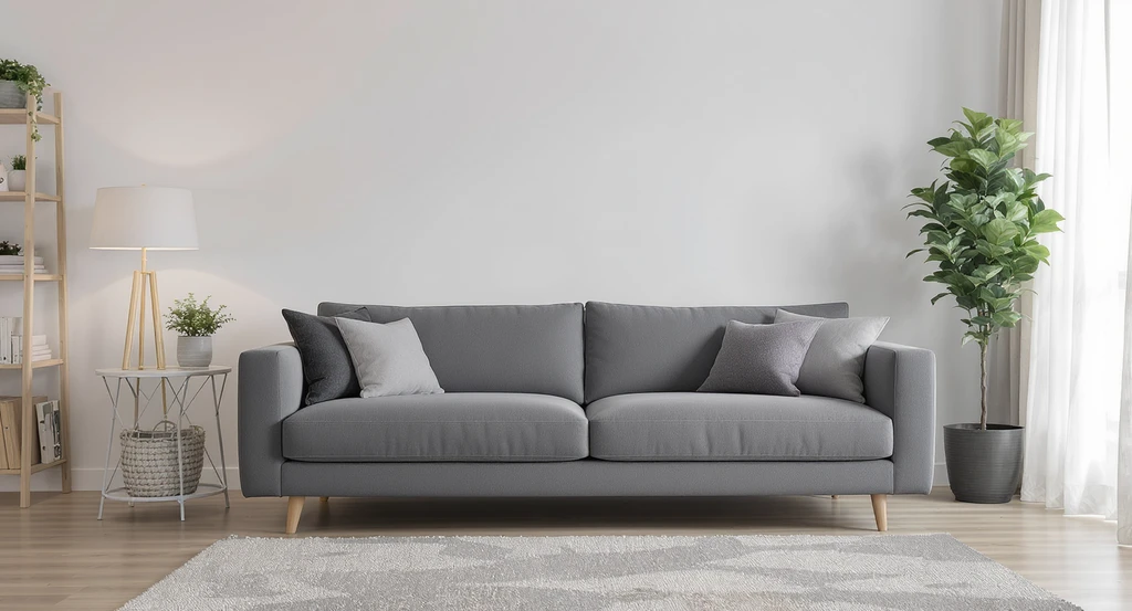 Photorealistic bachelor pad living room showing ai tools for optimizing bachelor pad layout, how to use ai for room flow, and best ai interior design platforms for men. A perfectly sized sofa is set against the wall with blue painter’s tape marking alternative layouts, highlighting ai solutions for studio apartment zoning and optimal walkways.