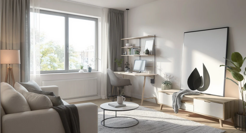 A bachelor studio layout with sleep, work, and social zones separated by rugs, open shelving, and a low bench. The space shows optimized room flow using ai solutions and the best ai interior design platforms for men.