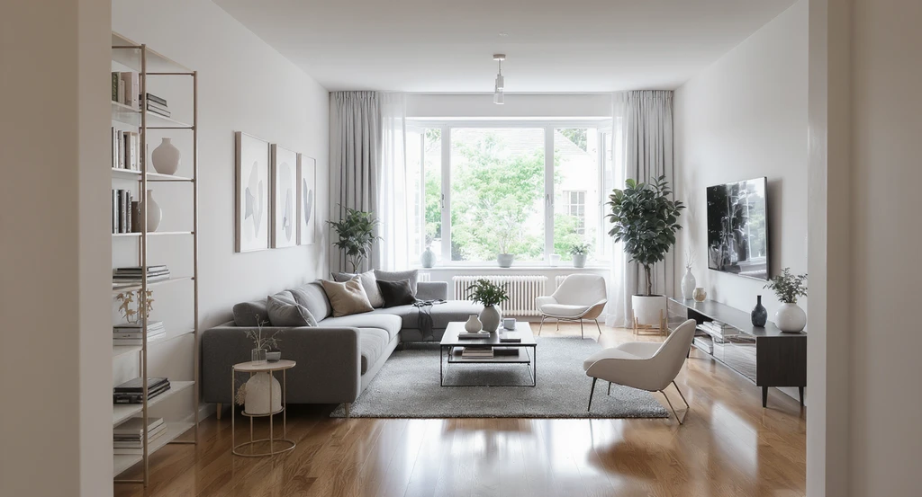 Modern bachelor pad living room demonstrating ai tools for optimizing bachelor pad layout; low-profile sofa and open shelving create clear room flow and zoning.