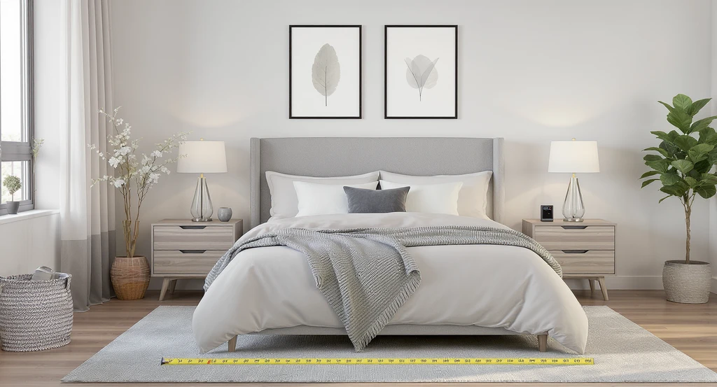 Bachelor pad bedroom with a queen bed centered and 28-inch clearance on both sides, using ai tools for optimizing bachelor pad layout and room flow.
