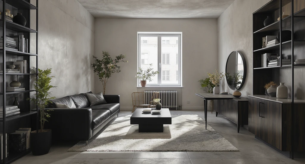 Modern bachelor pad with minimal furniture, showing blocked entryway, unclear room zones, and highlighting ai tools for optimizing bachelor pad layout.