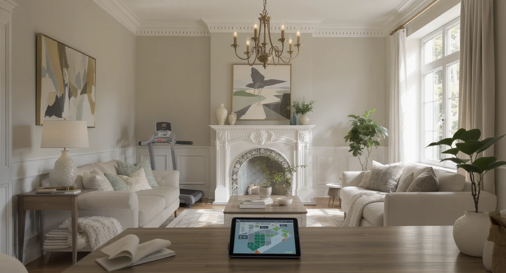 Photorealistic transitional room with ornate molding, a treadmill, modern desk, and open AI layout tool on tablet, showing ai tools for transitional room layout and how ai improves spatial planning in homes.