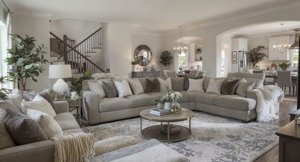 Photorealistic transitional living and dining room showing common layout mistakes, ideal for ai tools for transitional room layout and best ai room visualization.