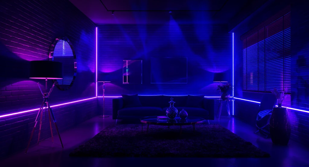 Goth-inspired living room showcasing ai interior design for personal style, with layered neon, LED, and ambient lighting, mirrors, and reflective accents for themed room makeovers using ai home design tools.
