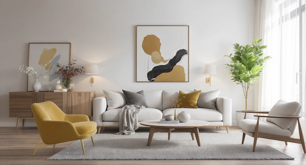Modern apartment living room shows visual layering using ai home design for personal style, with balanced textures, accent lighting, open surfaces, and clear sightlines.