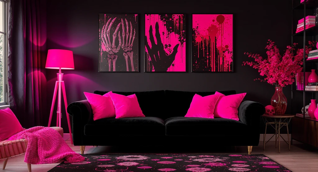 Contemporary living room with black and pink color palette, neon lighting, and horror-themed décor, showcasing ai interior design for personal style and thematic cohesion.
