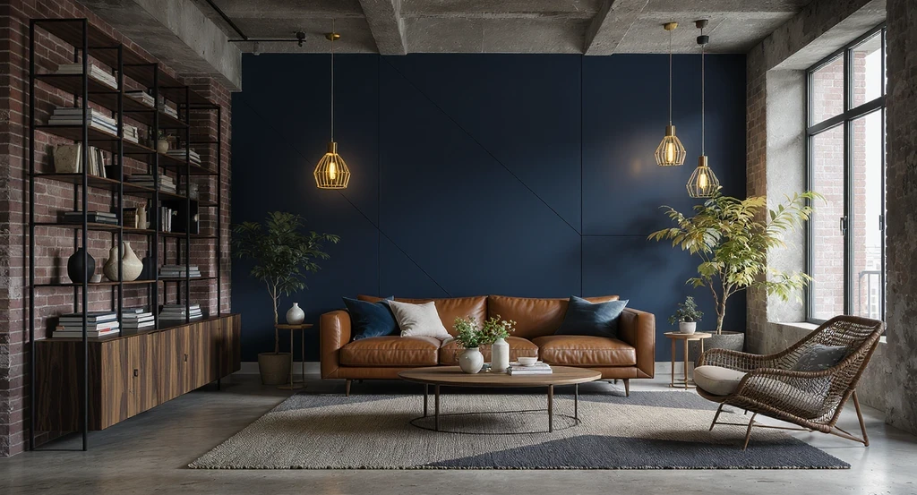 A photorealistic living room styled with unique furniture, layered textures, and art, illustrating ai interior design for personal style and themed room makeovers.