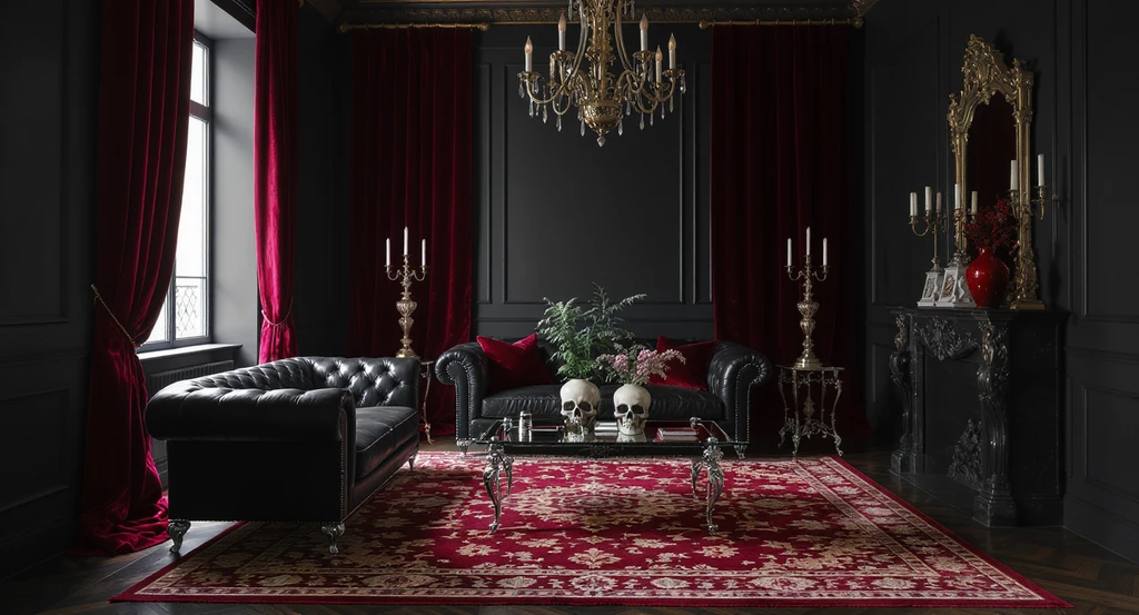 Bold goth-themed bachelor apartment designed with ai interior design for personal style, showcasing unique personality expression and visual layering with ai home design tools, featuring dramatic black finishes, luxurious textures, and cohesive themed decor.