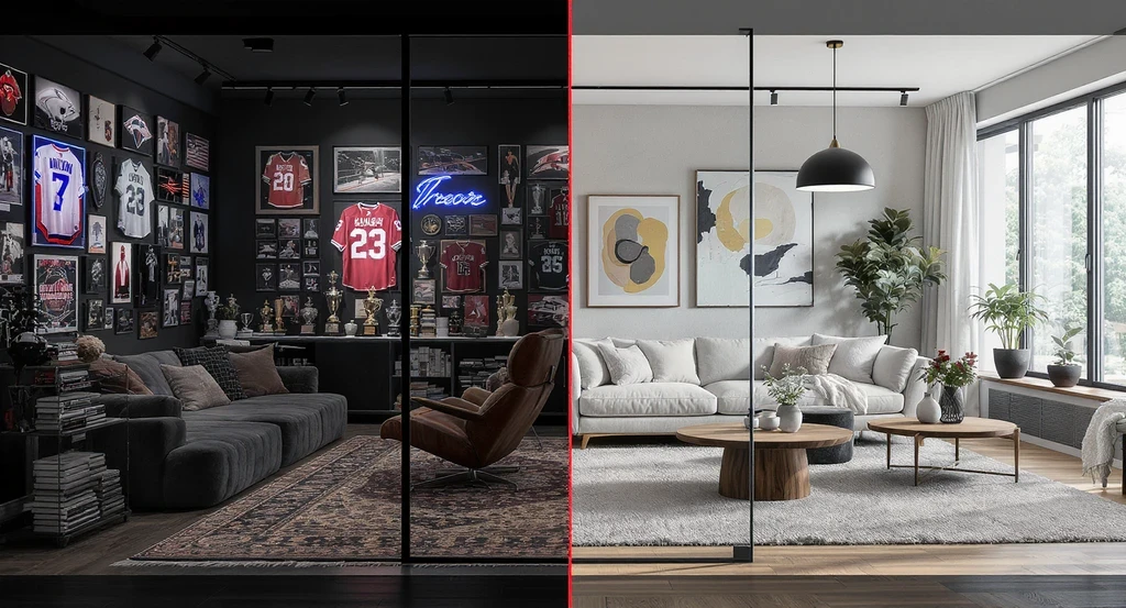 Editorial-quality bachelor apartment with distinct personal style—bold art, eclectic objects, visual layering—showcasing ai interior design for personal style, how to use ai for themed room makeovers, best ai tools for creating cohesive interiors, and ai home design for unique personality expression.