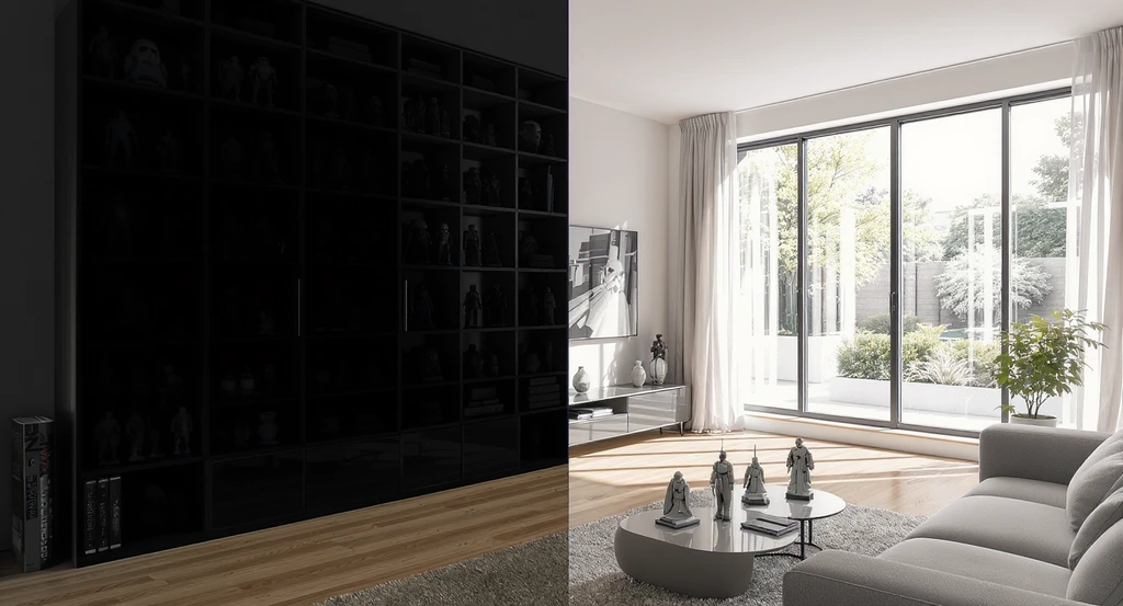 Ultra-realistic living room showing tall shelving blocking a window and casting shadows with Star Wars collectibles, alongside a bright area where low-profile tables are used under windows to showcase models, demonstrating ai home design for Star Wars themed rooms and avoiding clutter with ai room planning.