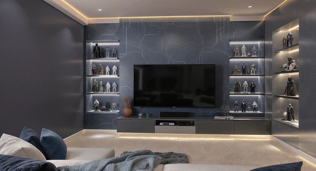 A modern sci-fi media room designed with ai home design for star wars themed rooms, blending light walls, dark accent colors, and organized collectible displays using virtual staging ideas.