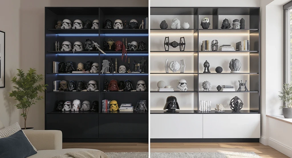 Editorial photorealistic image of a Star Wars collectible room, shelves with spaced-out helmets and models, showing ai home design and virtual staging ideas for sci-fi interiors, demonstrating how to avoid clutter with ai room planning.