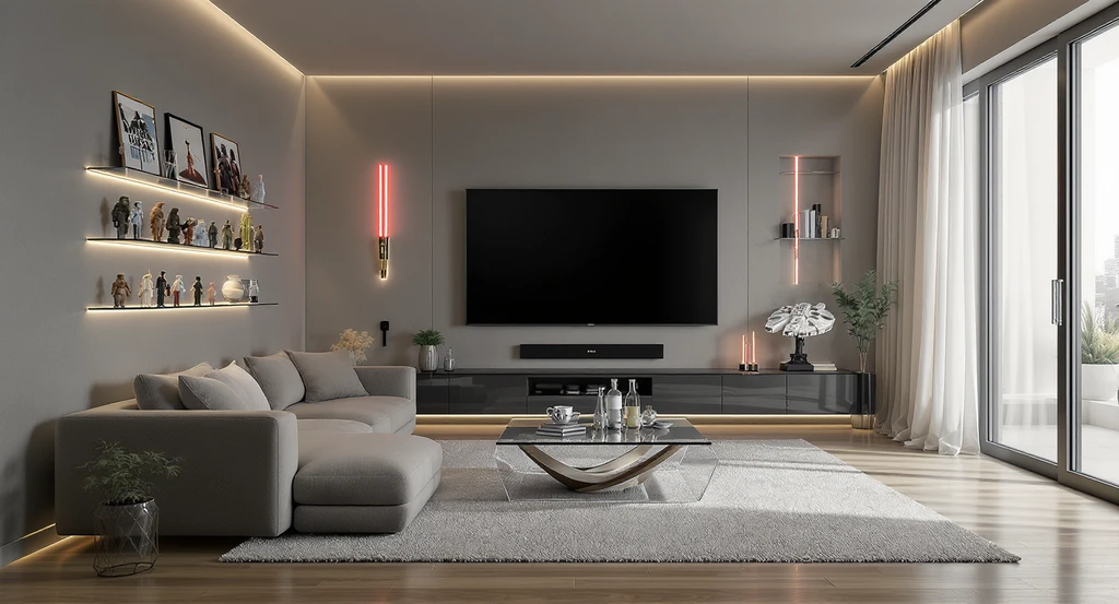 Modern Star Wars themed room with minimalist home theater, collectible display shelves, lightsaber wall mounts, and organized sci-fi décor—showcasing ai home design and virtual staging ideas for balanced sci-fi interiors.