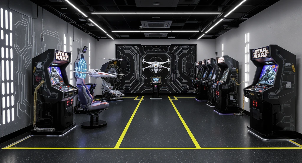 Photorealistic sci-fi themed room with Star Wars arcade machine, cockpit chair, and props pushed to walls, clear 36-inch walkway marked by painter’s tape. Virtual staging ideas for ai home design, avoiding clutter with ai room planning, best display methods for collectible rooms.