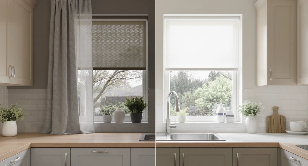 Side-by-side comparison of kitchen windows: one with a curtain that dims a small north-facing kitchen, and one bare for best kitchen window privacy. Shows how to choose kitchen window treatments while avoiding regret with kitchen curtain trends for remodels and understanding modern vs traditional kitchen curtains.