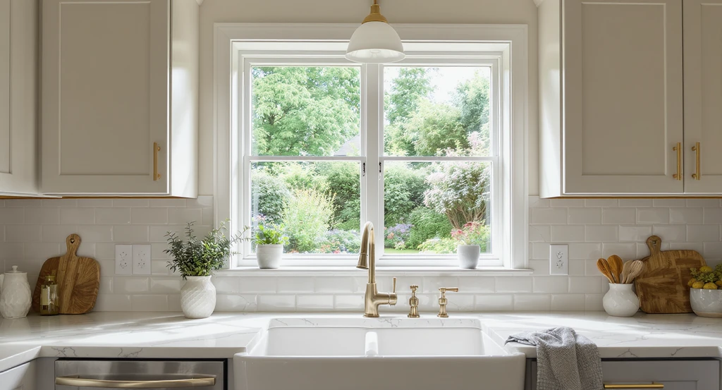 Ultra-realistic kitchen with large garden-facing window above sink, minimal or no kitchen curtain, showing natural light, modern surfaces, and subtle dust—demonstrating how to choose kitchen window treatments and kitchen curtain trends for remodels while highlighting best options for kitchen window privacy.