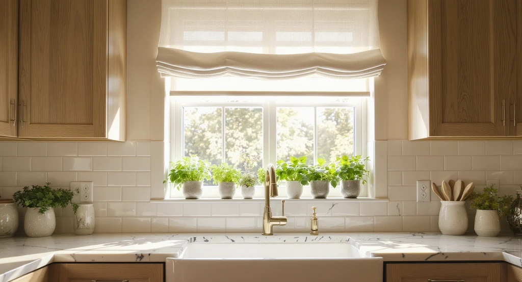 A modern kitchen shows a large window with layered sheer cafe curtains and linen roman blinds, demonstrating how to choose kitchen window treatments and the best options for kitchen curtain privacy and trends for remodels.