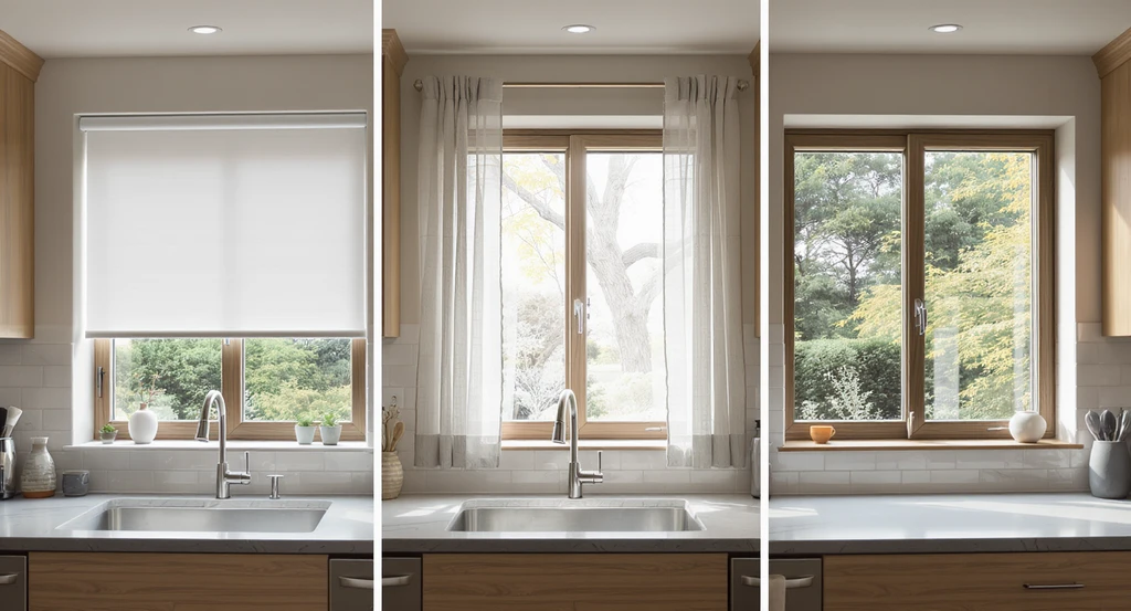 Photorealistic kitchen showing three window treatment choices: modern roller shades, sheer café curtains, and no curtains, illustrating how to choose kitchen window treatments, latest kitchen curtain trends for remodels, and the benefits of privacy, lighting, and practicality in modern vs traditional kitchen curtains.