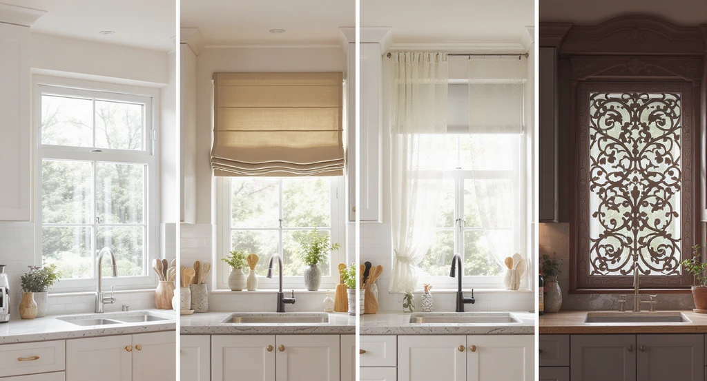 Modern kitchen window side-by-side with bare glass, Roman shade, café curtain, and valance, illustrating how to choose kitchen window treatments and avoid regret using kitchen curtain trends for remodels and modern vs traditional kitchen curtains.