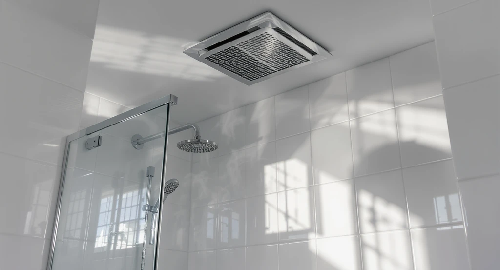 Modern bathroom with a ceiling-mounted exhaust fan above the shower, vented directly outside, preventing moisture buildup and mold growth.