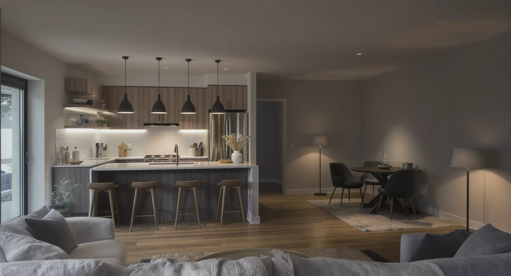 Modern kitchen with layered lighting including recessed ceiling, under-cabinet task, and accent shelf lights; adjacent living room relies on basic ceiling fixture and several floor lamps, clearly illustrating the pros and cons of optimal lighting layout versus overreliance on lamps in home construction.