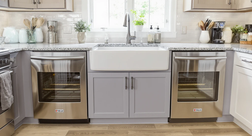 Modern kitchen layout with two dishwashers flanking a farmhouse sink, showcasing appliance organization and tips to prevent dishwasher leaks.