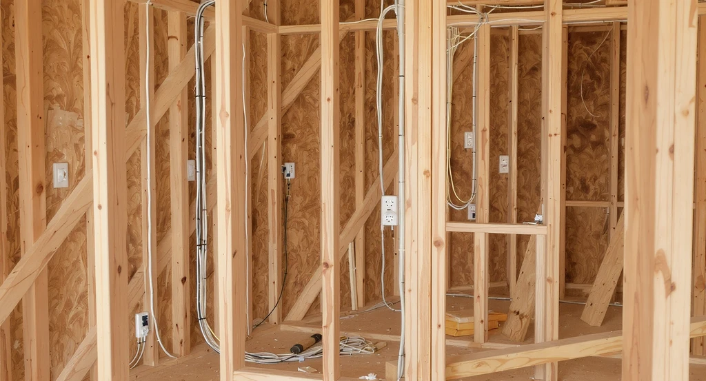Modern living room and kitchen construction showing thoughtfully placed electrical outlets, including behind the sofa, at the kitchen island, in the pantry, and along the garage wall, highlighting kitchen layout ideas, organizing appliances, and tips to prevent regrets in electrical planning.