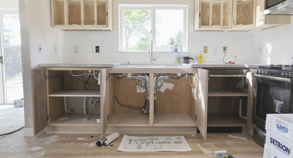 Modern kitchen layout in mid-construction with two dishwashers, visible plumbing, electrical planning, and storage solutions to prevent dishwasher leaks and support optimal appliance organization.