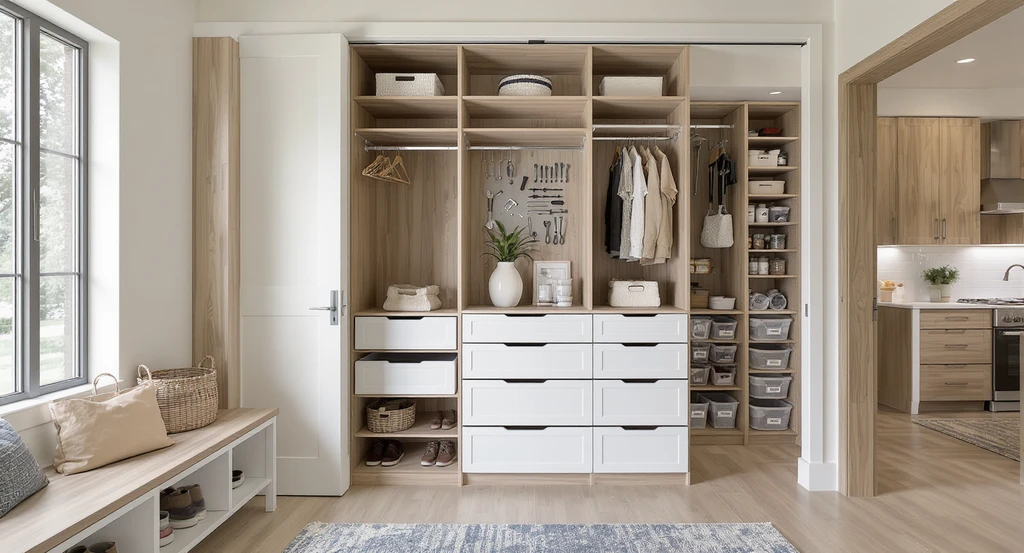 Modern home interior showing a walk-in closet, built-in mudroom bench, garage wall system, and walk-in pantry—demonstrating efficient storage planning and built-in cabinetry for kitchen layout ideas with two dishwashers and tips for organizing appliances.