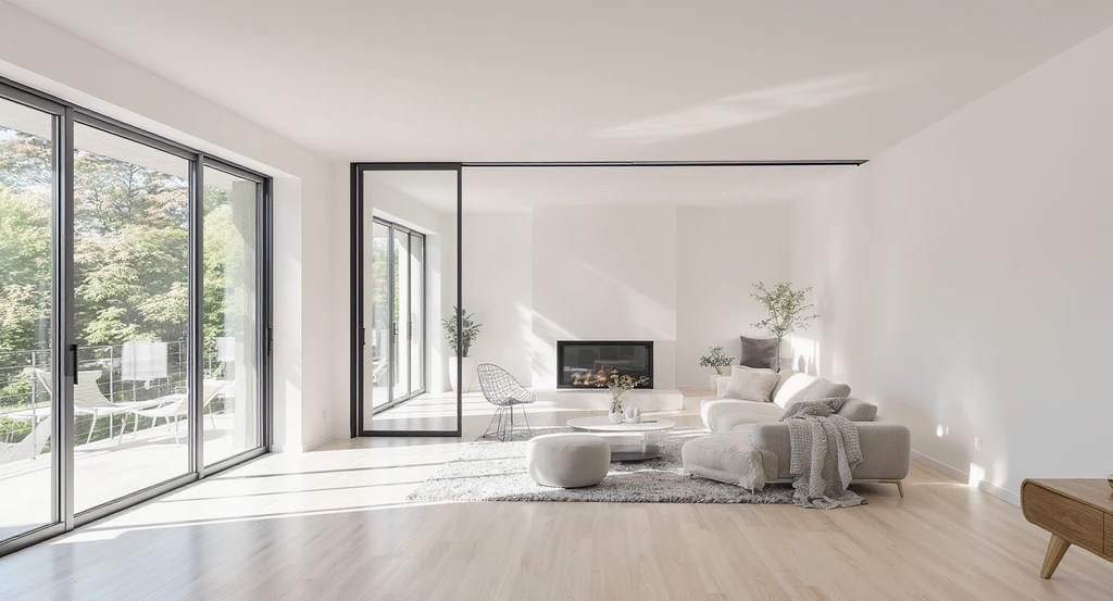 Modern open-plan room showing how to divide a large empty room with sliding glass doors, a bookcase, and creative room divider solutions for small apartments.