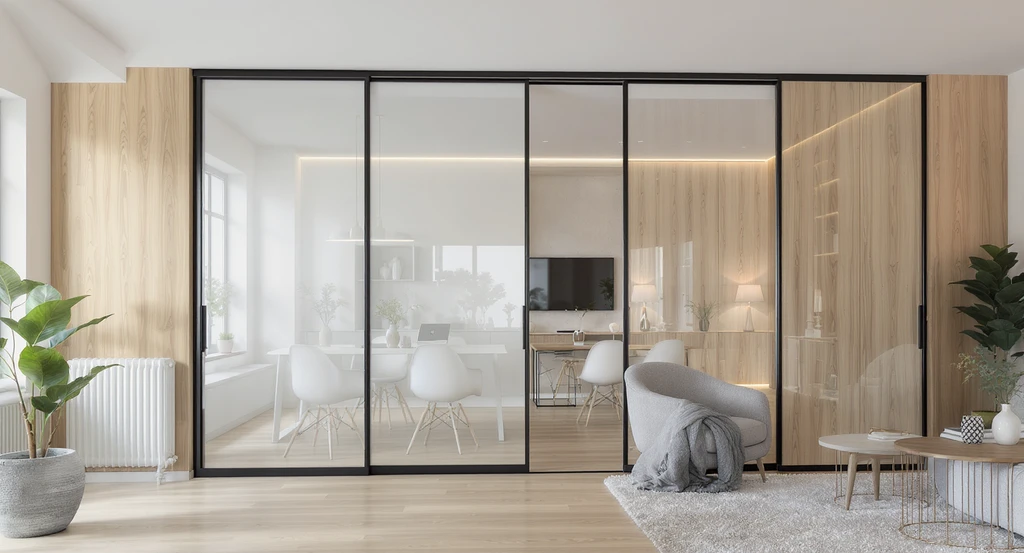 Modern open-plan living room divided by ceiling-mounted sliding panels, showing creative ideas for empty living room zones and room divider solutions for small apartments.
