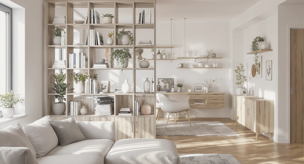 Modern small apartment showing how to divide a large empty room using open-back bookcases as room divider solutions for small apartments, maximizing creative ideas for empty living room zones while allowing light through and creating functional spaces.