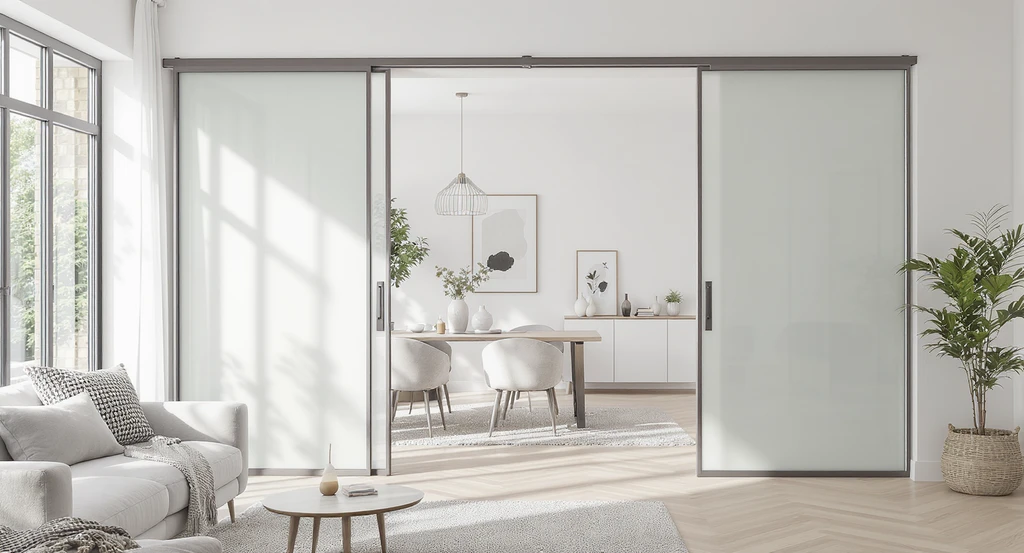 Modern open-plan room divided by frosted glass sliding doors, optimizing light flow and creating two functional zones in a large empty living area.