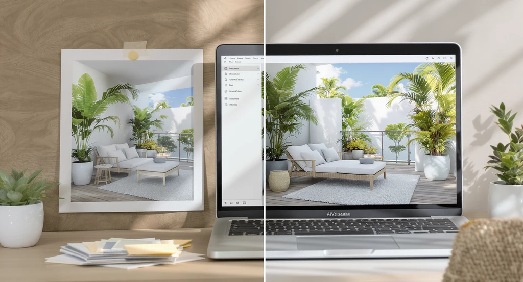 Modern balcony makeover using an ai home design tool for balcony makeovers; side-by-side reference image and AI preview, showing how to use ai for outdoor privacy with real products such as neutral rugs, outdoor furniture, and privacy screens. Demonstrates visualizing real products with ai home design, best ai deck and balcony ideas, and an ai-powered room makeover for small spaces.