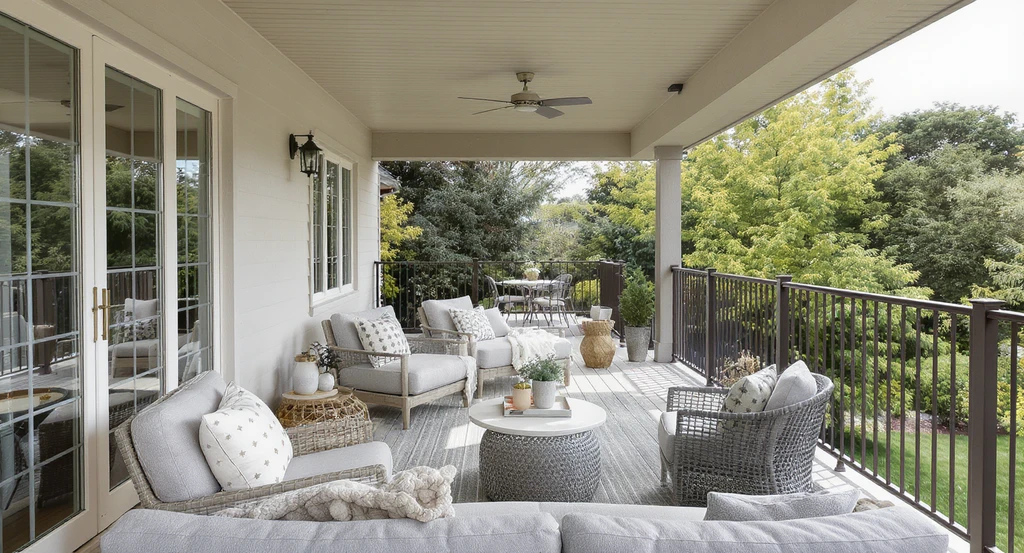 Balcony makeover with low-profile furnishings, dark neutral brown railings, and greenery for privacy, showcasing best ai home design tool features.