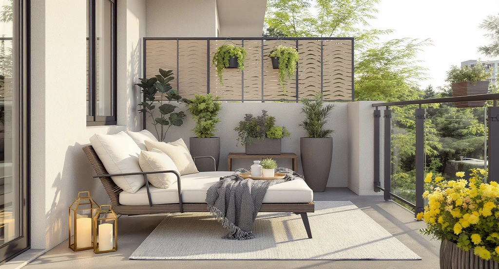 Photo-realistic image of a balcony transformed with an AI home design tool: double chaise, modular rug, privacy screens, and lanterns show how to use AI for outdoor privacy and visualize real shoppable products in a small outdoor space makeover under $2,000.
