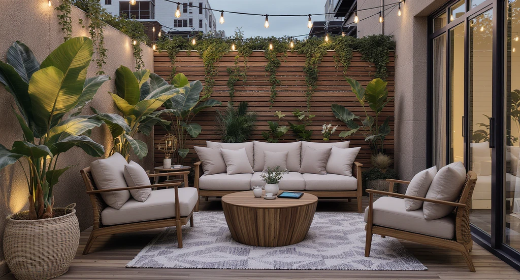 Ultra-realistic balcony makeover scene designed with an AI home design tool, featuring real shoppable outdoor furniture, privacy plants, and resort-inspired decor for small spaces. Showcases how to use AI for outdoor privacy and visualize real products with ai home design, ideal for best ai deck and balcony ideas and ai-powered room makeover for small spaces.