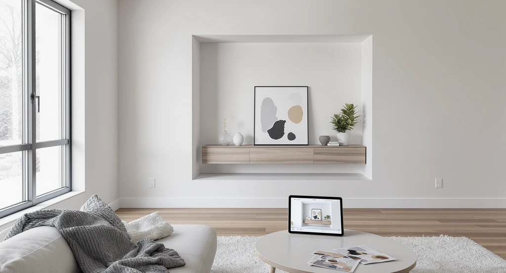 High-resolution photo of an empty living room alcove with a tablet displaying virtual staging of the awkward space, illustrating how to visualize dead space with AI tools and software for decorating home dead zones.