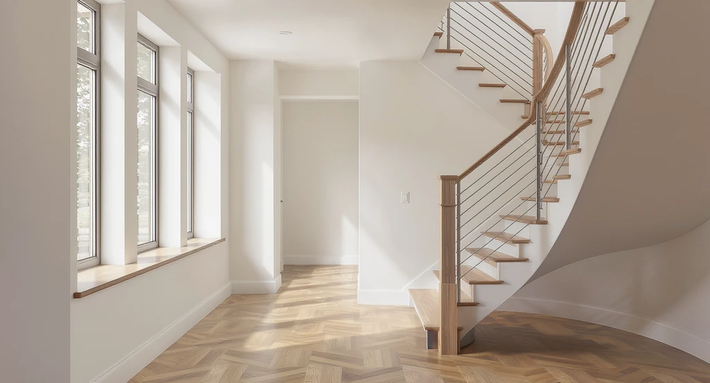 Photorealistic home interior showing awkward dead spaces like a stairwell landing, empty ledge, and narrow corner—ideal for ai tools for decorating awkward spaces, how to visualize dead space with ai, and virtual staging solutions for home dead zones.
