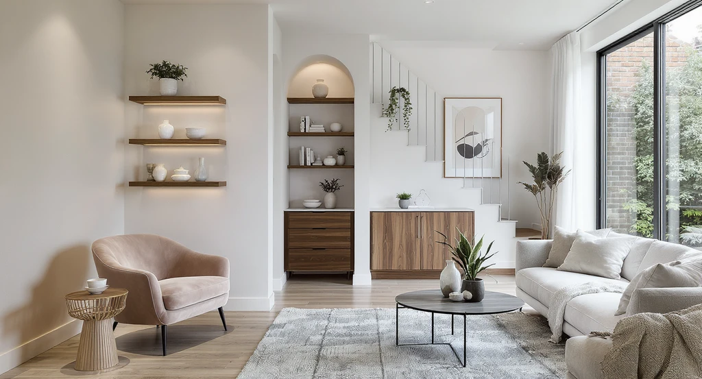 Modern living room showcasing ai tools for decorating awkward spaces, featuring virtual staging of dead zone solutions like filled corners, shelving, and under-stair storage.